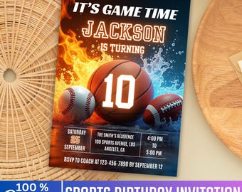 Sports Birthday Invitation, Canva Editable Template, All Star Sports Party Invite, Football Basketball Soccer Invite, Instant Digital Invite