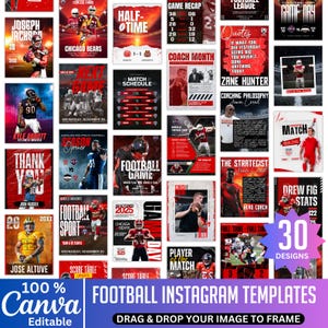 30 Editable Football Soical Media Posts, Football Instagram Canva Template, Game Day Canva Designs, Spotlight Coach, Schedule, Cancellations
