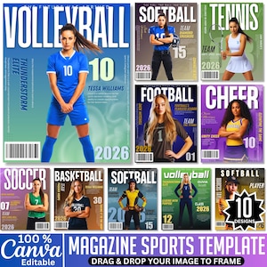 May include: A magazine sports template featuring covers for volleyball, softball, tennis, football, cheer, soccer, and basketball. Each cover displays a sports player, team name, and the year 2026. The template is 100% editable in Canva.