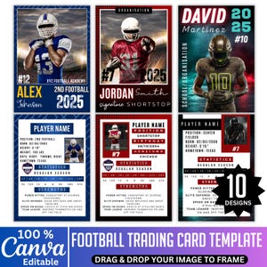May include: Football trading card template with 10 designs. The cards feature player photos, names, positions, and statistics. The template includes editable text fields and a Canva logo.