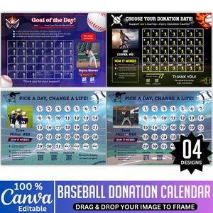 04 Kalendarz zbiórki funduszy na baseball Canva Edytowalny szablon, niestandardowy zbiórka funduszy na baseball, wybierz datę darowizny Szablon Canva Kalendarz zbiórki funduszy na baseball