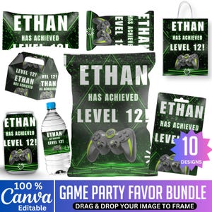 Könnte beinhalten: Eine Sammlung von Partygeschenken mit Gaming-Thema. Die Artikel umfassen eine Süßigkeitenverpackung, eine Chipstüte, eine Geschenktüte, eine Gastgeschenkbox, eine Dose, eine Wasserflasche und ein Etikett. Jeder Artikel zeigt den Text "ETHAN HAS ACHIEVED LEVEL 12!" und ein Gamecontroller-Grafik.