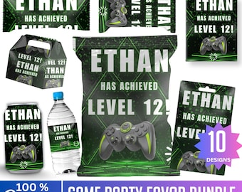 10 Video Game Party Favor Bundle, Gamer Chip bag, Water, Chocolate, Gamer Birthday Party Theme, Editable Party Favor Game, Digital Download