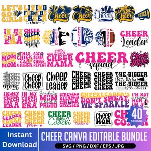May include: A digital bundle of 40 cheerleading-themed designs, featuring phrases such as "Cheer Mom" and "Cheer Leader," alongside cheerleading graphics. The designs are available for instant download in SVG, PNG, DXF, EPS, and JPG formats, perfect for crafting projects.