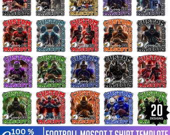20 modelli di magliette con mascotte da football modificabili, modelli digitali di magliette da football per il giorno della partita, sublimazione personalizzata per le scuole superiori