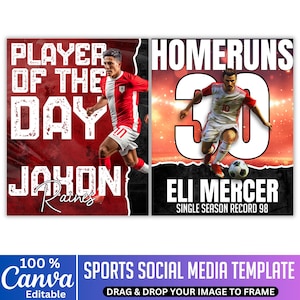 K&ouml;nnte beinhalten: Sport-Social-Media-Vorlage mit zwei Fu&szlig;ballspieler-Bildern. Eines zeigt "Player of the Day" und "Jahon Raines". Das andere zeigt "Homeruns 30" und "Eli Mercer Single Season Record 98". Das Canva-Logo befindet sich unten.