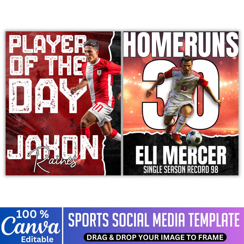 K&ouml;nnte beinhalten: Sport-Social-Media-Vorlage mit zwei Fu&szlig;ballspieler-Bildern. Eines zeigt "Player of the Day" und "Jahon Raines". Das andere zeigt "Homeruns 30" und "Eli Mercer Single Season Record 98". Das Canva-Logo befindet sich unten.