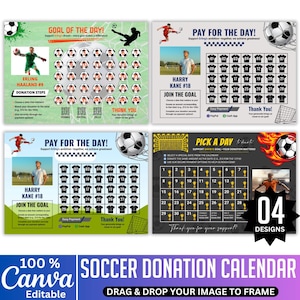 04 Soccer Donation Calendar Canva Editable Template, Custom Soccer Fundraiser, Pick Date to Donate Canva Template Soccer Calendar Digital