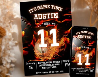以下が含まれることがあります： 「IT'S GAME TIME AUSTIN IS TURNING 11」の白文字が書かれた黒い招待状。炎に包まれた野球ボールが中央に描かれています。日付、時間、住所が記載されています。スマートフォンにも同じデザインが表示されています。