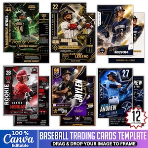 Puede incluir: Una colección de doce plantillas de tarjetas de béisbol coleccionables que muestran a varios atletas en poses de acción, incluyendo jugadores con uniformes verdes, blancos, rojos, negros y azules. Los diseños incorporan tipografía audaz.