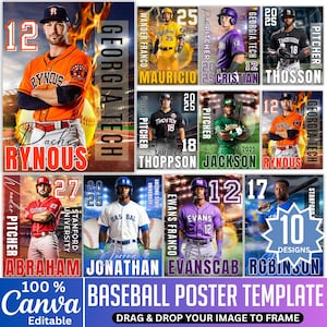May include: A baseball poster template with 10 designs, each showcasing a player portrait. The designs include player names, team details, and positions. The template is editable using Canva, allowing image integration.