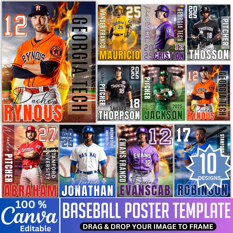 May include: A baseball poster template with 10 designs, each showcasing a player portrait. The designs include player names, team details, and positions. The template is editable using Canva, allowing image integration.