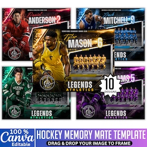 May include: A digital hockey memory mate template featuring ten customizable designs with dynamic sports graphics, player portraits, team photos, and the text Legends Athletics. The layout includes placeholders for names, numbers, and team names in various colors.