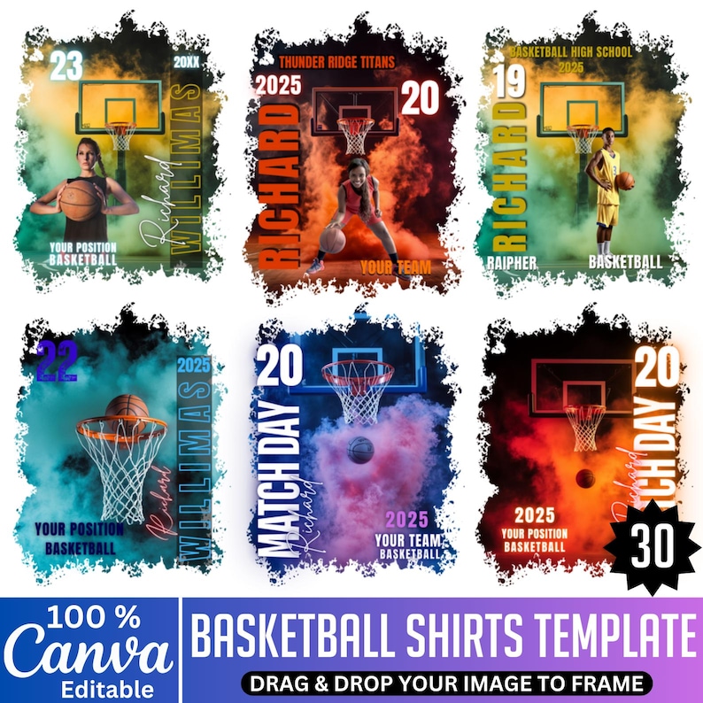 May include: Basketball shirt templates with customizable designs. Each template features a basketball hoop, player image, and text elements like team name, player name, and year. The templates are set against colorful, smoky backgrounds, with text that reads "Basketball Shirts Template".