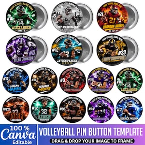 Puede incluir: Una colección de chapas circulares con jugadores de fútbol americano en varios uniformes, cada una con un nombre de jugador, número de camiseta y el texto YOUR SCHOOL NAME HERE. Los diseños incluyen fondos dinámicos con rayos, luces de estadio y logotipos de equipos.