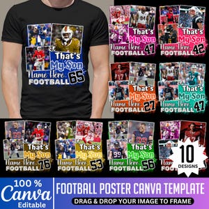 Peut inclure: T-shirt noir avec un motif sur le thème du football. Le t-shirt présente un collage d'images de joueurs de football et le texte "That's My Son" avec un nom et un numéro personnalisables. D'autres modèles d'affiches sont également présentés.