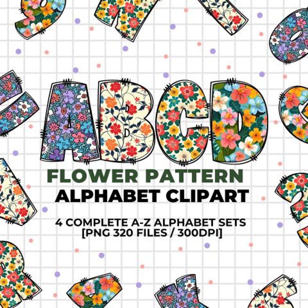Flower Pattern Alphabet Clipart, Doodle Decorative Letter Bundle ...