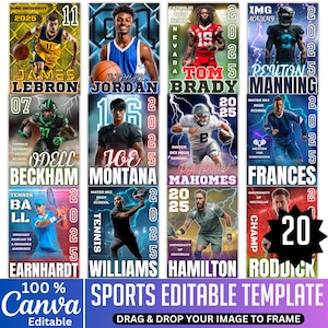 Peut inclure: Un mod&egrave;le modifiable sur le th&egrave;me du sport avec des images d'athl&egrave;tes de basket-ball, de football am&eacute;ricain et de tennis. Le mod&egrave;le comprend des &eacute;l&eacute;ments de texte avec des noms, des num&eacute;ros et des affiliations d'&eacute;quipes. Le logo Canva est en bas.