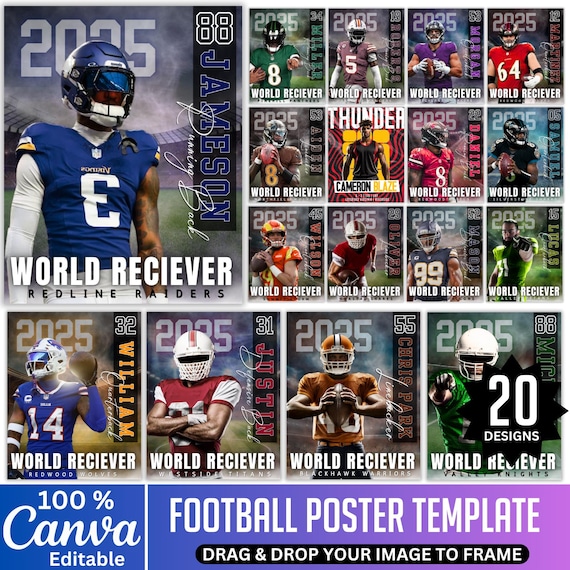 20 Football Poster Canva Template, Editable Football Senior Night Banners, Sports Background & Digital Backdrop, Sports Poster Canva Designs