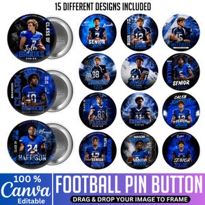 May include: A collection of fifteen circular football pin buttons featuring various high school athletes in blue uniforms. Each button displays a player's name, jersey number, and the text Greenville High School Class of 2026 on a blue background.