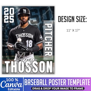May include: Baseball poster template featuring a baseball player in a black and white uniform, holding a baseball. The poster includes the text "THOSSON" and "PITCHER". Design size is 28 cm x 43 cm. The Canva logo and text "BASEBALL POSTER TEMPLATE" are also visible.
