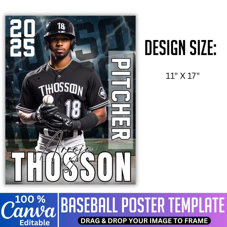 May include: Baseball poster template featuring a baseball player in a black and white uniform, holding a baseball. The poster includes the text "THOSSON" and "PITCHER". Design size is 28 cm x 43 cm. The Canva logo and text "BASEBALL POSTER TEMPLATE" are also visible.
