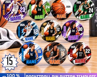 15 Basketball Pin Button Template, Canva Editable Basketball Design, Custom Photo Player Button, Drag-and-Drop Pin Button Template, Digital
