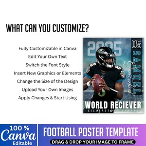 May include: A football poster template with a player in a black and teal uniform holding a football. The poster includes the text "WORLD RECIEVER" and "SAMUEL Quarterback". The template is fully customizable in Canva.