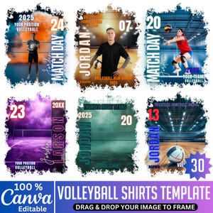 May include: Volleyball shirt templates with player names, numbers, and team details. Designs include action shots, team names, and the text "Match Day". The templates are customizable and editable using Canva.