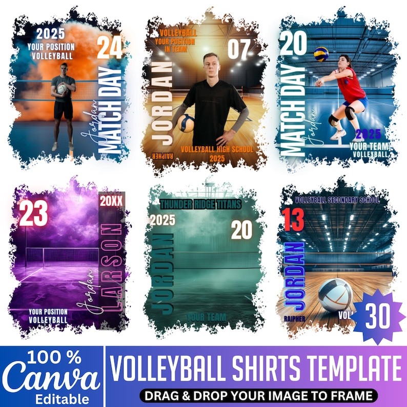 May include: Volleyball shirt templates with player names, numbers, and team details. Designs include action shots, team names, and the text "Match Day". The templates are customizable and editable using Canva.