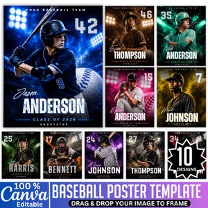 May include: A digital baseball poster template collection featuring ten customizable designs with dynamic sports lighting, player names, jersey numbers, and class years. The layouts include placeholders for athlete photos, team branding, and position text.
