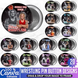 May include: A selection of 20 wrestling pin button designs. Each button displays a wrestler's image, school name, and the word "Wrestling." The buttons are circular with a silver metal backing and a pin.