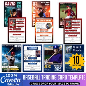 Pacchetto di 10 modelli di carte da gioco Canva per carte da gioco di baseball, carte giocatore modificabili fronte-retro Canva, carte sportive fai da te con fronte e retro.