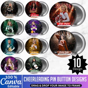 May include: A collection of ten round pin button designs featuring cheerleaders in various uniforms. Each button has a different cheerleader's name and team name. The text "Cheerleading Pin Button Designs" is also visible.