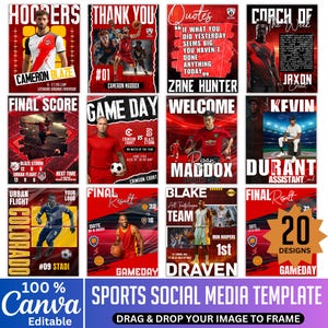 May include: A set of 12 sports social media templates in red and black, featuring player images, team logos, and game details. The templates are designed for easy editing in Canva, offering a variety of sports-related designs.