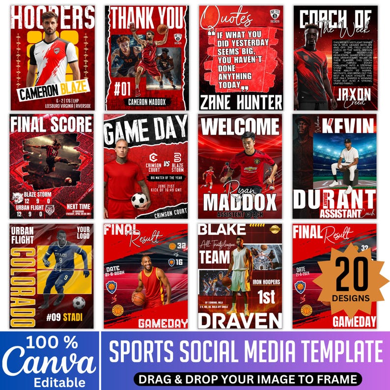 K&ouml;nnte beinhalten: Eine Sammlung von 12 Social-Media-Vorlagen zum Thema Sport mit roten und schwarzen Hintergr&uuml;nden. Jede Vorlage zeigt ein anderes Design, einschlie&szlig;lich Spielerfotos, Teamlogos und Spielinformationen. Die Vorlagen sind in Canva editierbar.