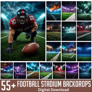 May include: A collection of 55+ digital football stadium backdrops featuring a player in a red jersey with the number 52, a brown football on green turf, and various stadium scenes with dramatic lighting, smoke, and confetti effects.