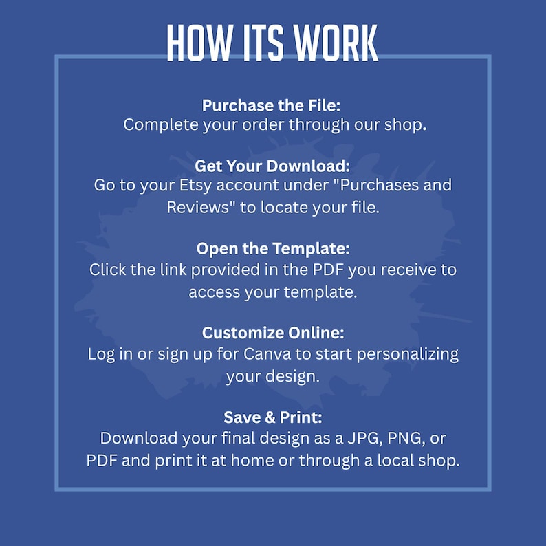 May include: A blue graphic with white text detailing the process of purchasing and using a digital file. The text reads "HOW ITS WORK" at the top, followed by instructions on how to download and print.