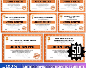 Plantilla de 50 certificados de premios de automovilismo, equipo de automovilismo editable en Canva, certificados de automovilismo, certificados deportivos de fin de año