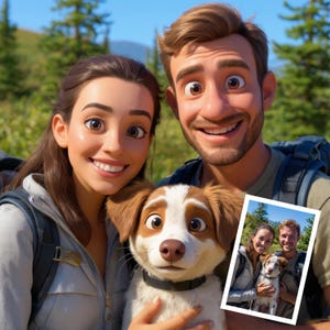 Può includere: Illustrazione digitale di una coppia sorridente e un cane. Il cane è marrone e bianco con un collare nero. La coppia sorride e indossa zaini, con un'immagine più piccola della stessa scena in basso a destra.
