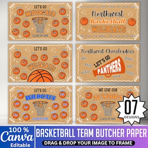 May include: Basketball team butcher paper designs with basketballs, nets, and team names. Includes the text "Let's Go Wildcats," "Northwest Basketball Wildcats," "Northwest Cheerleaders," and "We Love Our Senoirs." The Canva editable designs are ready to frame.