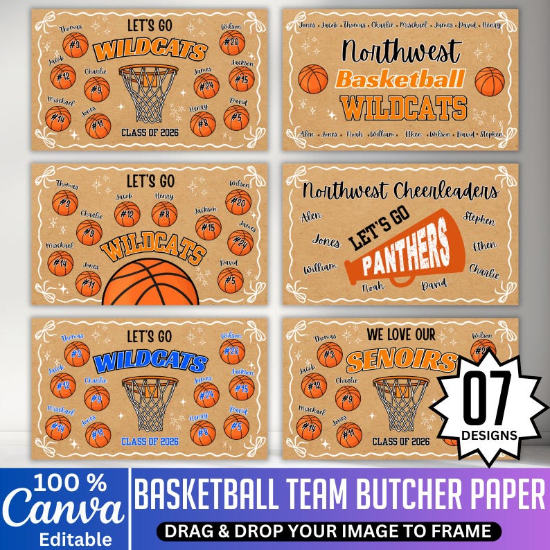 May include: Basketball team butcher paper designs with basketballs, nets, and team names. Includes the text "Let's Go Wildcats," "Northwest Basketball Wildcats," "Northwest Cheerleaders," and "We Love Our Senoirs." The Canva editable designs are ready to frame.