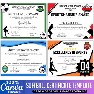 04 Softball Certificate Template, Editable Softball Award Certificates, Softball End of the Season Awards, Custom Softball Team Party File