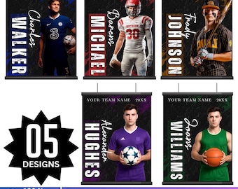 May include: A set of five senior football banner templates. Each banner features a player's image, name, and team details. The templates are designed with a dark background and include text that reads "Your Team Name 20XX". The Canva logo is also visible.