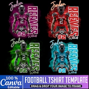 K&ouml;nnte beinhalten: Fu&szlig;ball-T-Shirt-Vorlage mit vier Designs, die jeweils einen Spieler in Helm und Trikot zeigen. Die Designs haben unterschiedliche Farbschemata: Lila, Rot, Gr&uuml;n und Blau. Der Text enth&auml;lt "Jordan", "REEVES" und "Wildcats".