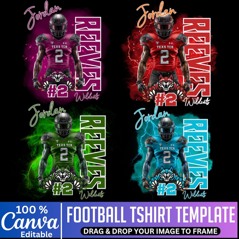 K&ouml;nnte beinhalten: Fu&szlig;ball-T-Shirt-Vorlage mit vier Designs, die jeweils einen Spieler in Helm und Trikot zeigen. Die Designs haben unterschiedliche Farbschemata: Lila, Rot, Gr&uuml;n und Blau. Der Text enth&auml;lt "Jordan", "REEVES" und "Wildcats".