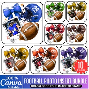 Könnte beinhalten: Eine Sammlung von 10 Designs zum Thema Fußball. Jedes Design zeigt einen Footballhelm, einen Football, eine Schleife und ein Foto eines Spielers. Der Text "FOOTBALL PHOTO INSERT BUNDLE" ist sichtbar.