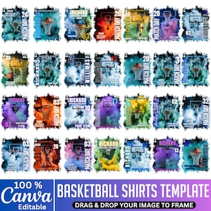 May include: A collection of basketball shirt templates with various designs. Each template features a basketball hoop, team name, and the text "Match Day" with the year 2025. The designs are set against colorful, smoky backgrounds, with the Canva logo at the bottom.