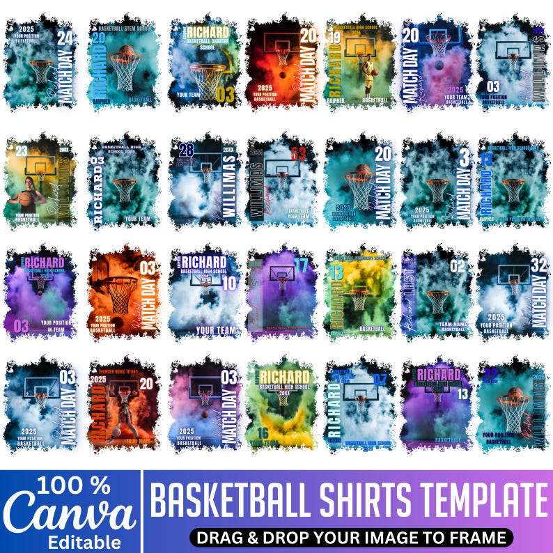 May include: A collection of basketball shirt templates with various designs. Each template features a basketball hoop, team name, and the text "Match Day" with the year 2025. The designs are set against colorful, smoky backgrounds, with the Canva logo at the bottom.