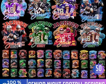 May include: A collection of customizable senior night football designs. The designs feature football players with names like Jacob, Nathan, and Aiden, along with the text "Senior Night" and the year "2025". The image also includes the Canva logo and the text "100% Editable".